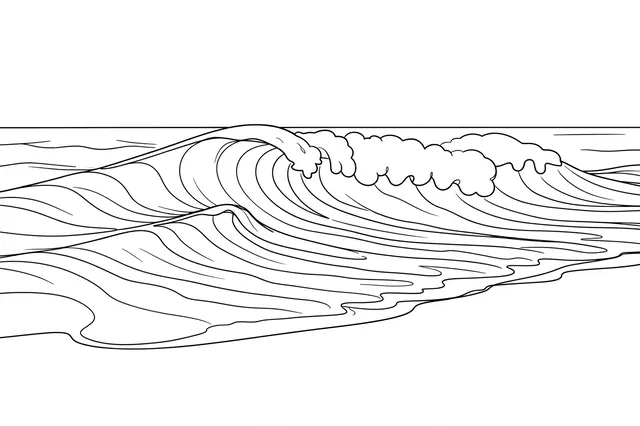 A black continuous line drawing of rolling ocean waves on a plain white background