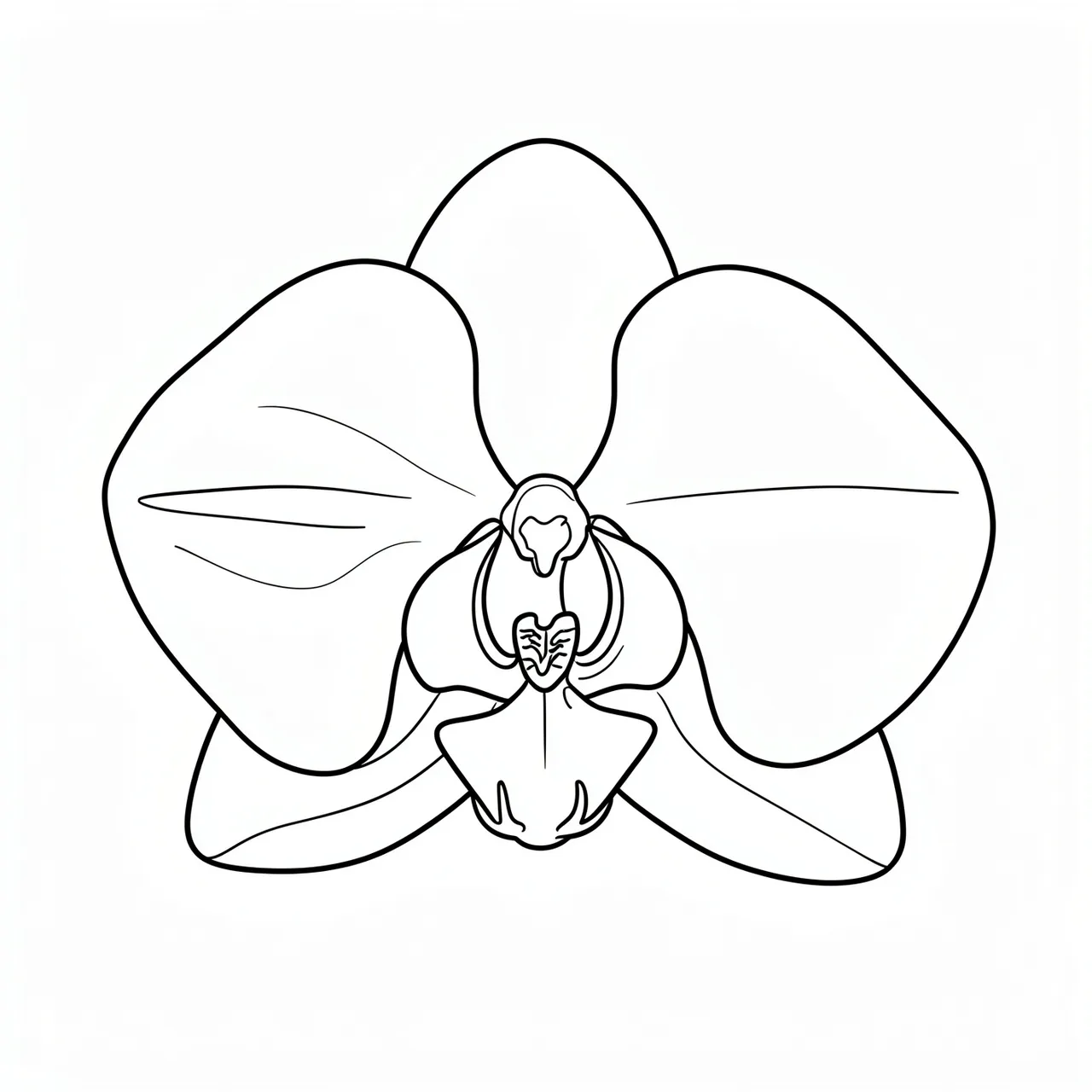 A minimalist black line drawing of a broad petal orchid bloom on a plain white background
