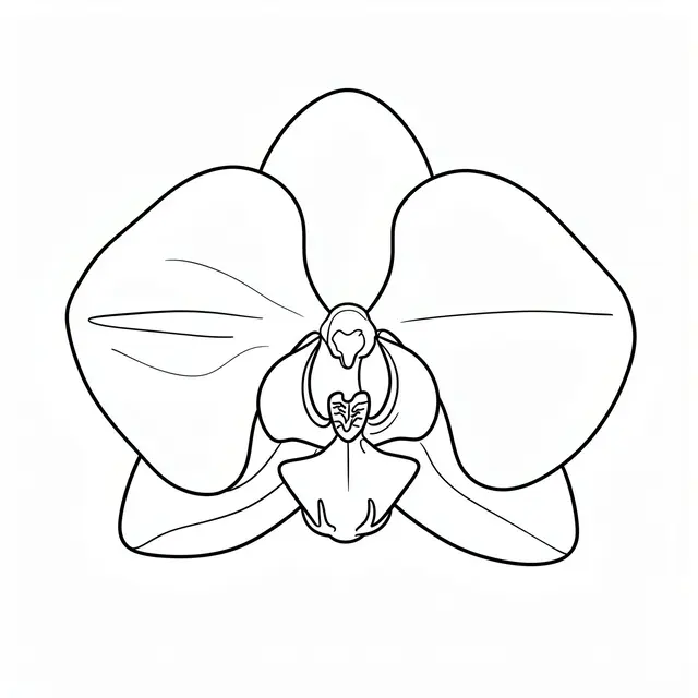 A minimalist black line drawing of a broad petal orchid bloom on a plain white background