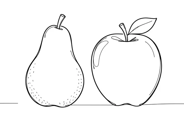 Minimalist one-line drawing of a pear and apple positioned side by side on a plain white background
