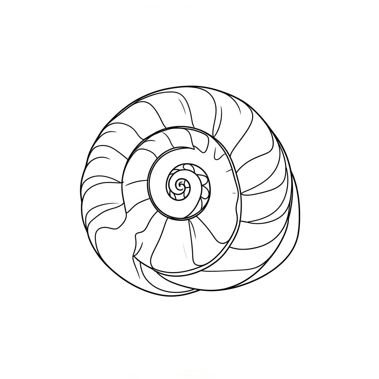 A minimal black single-line drawing of a spiral seashell centered on a plain white background