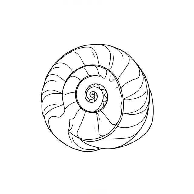 A minimal black single-line drawing of a spiral seashell centered on a plain white background