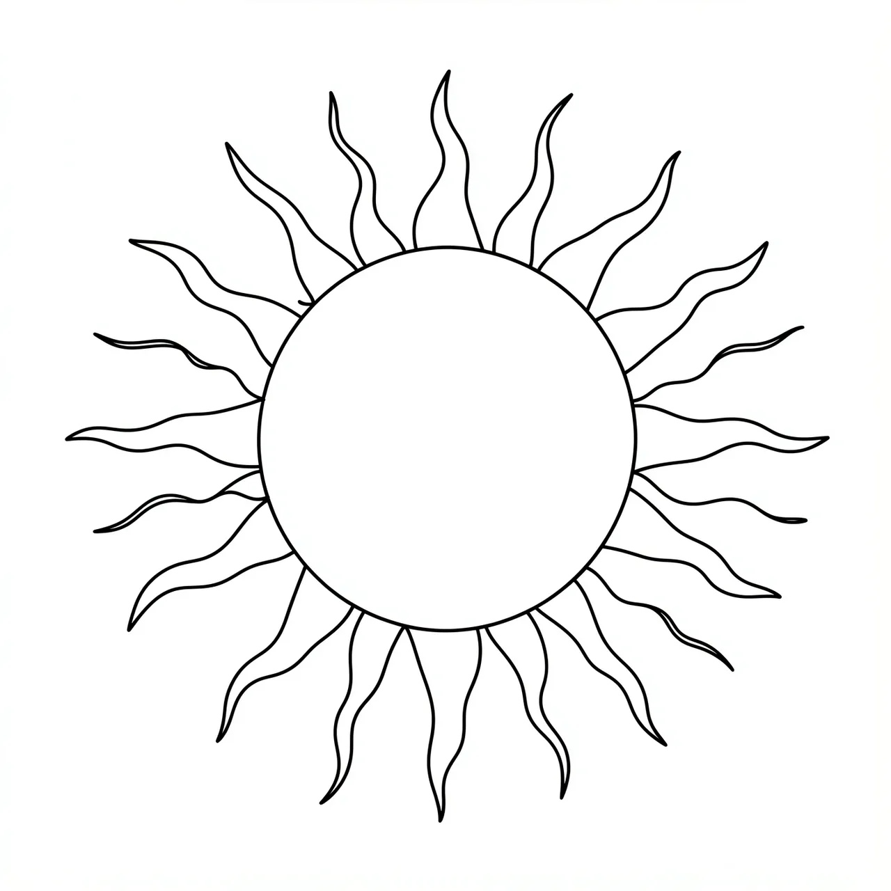 Black continuous line drawing of a round sun with wavy rays on a plain white background