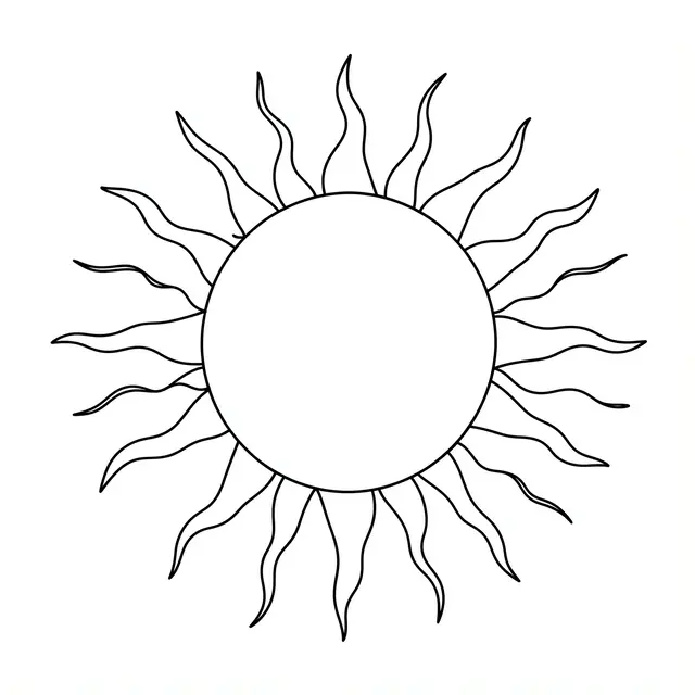 Black continuous line drawing of a round sun with wavy rays on a plain white background