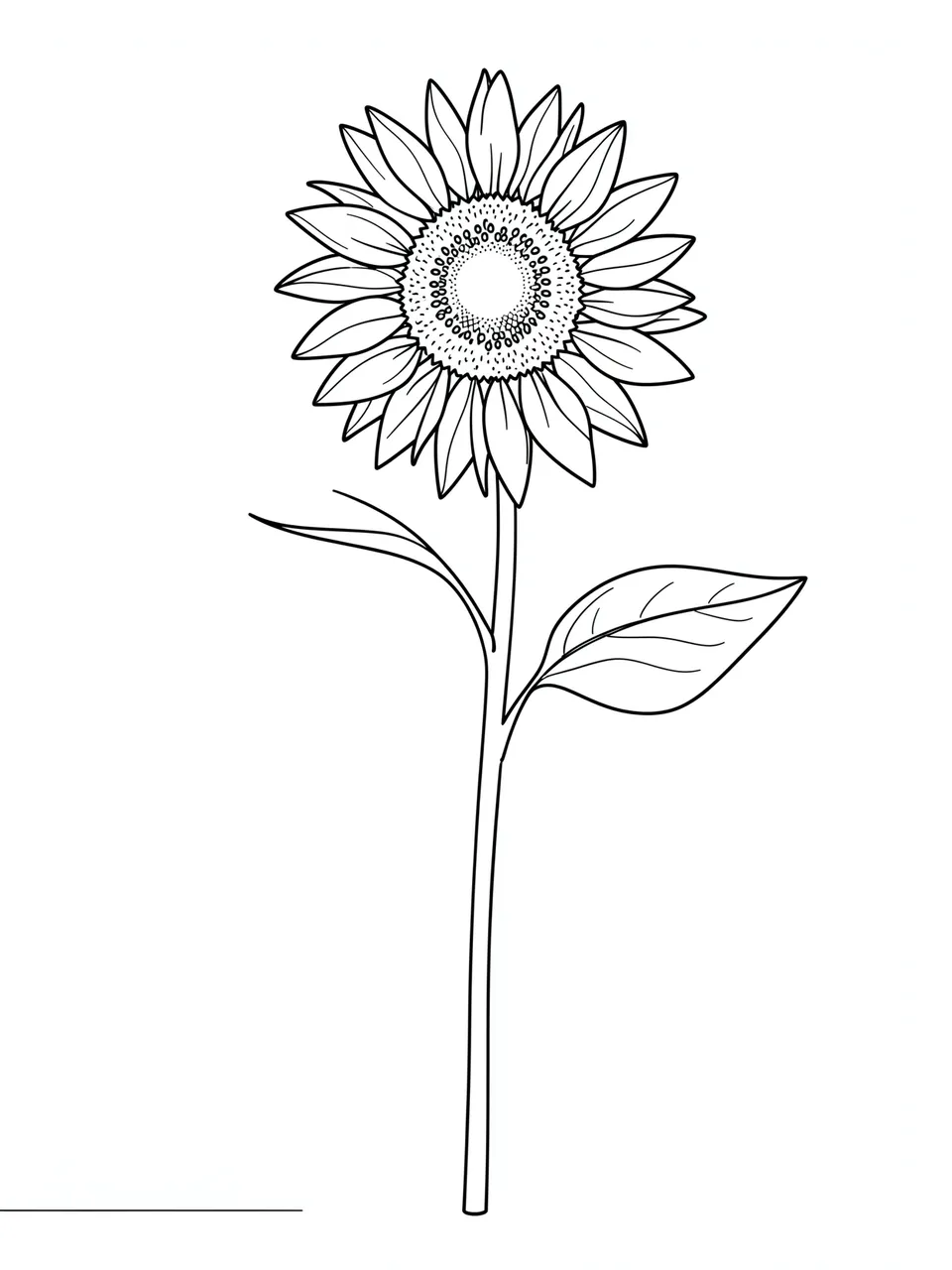 Black line art sunflower on a long stem with one leaf against a plain white background