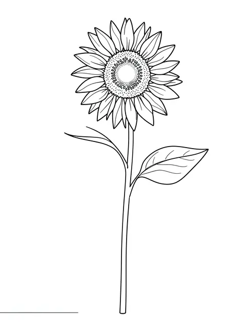 Black line art sunflower on a long stem with one leaf against a plain white background
