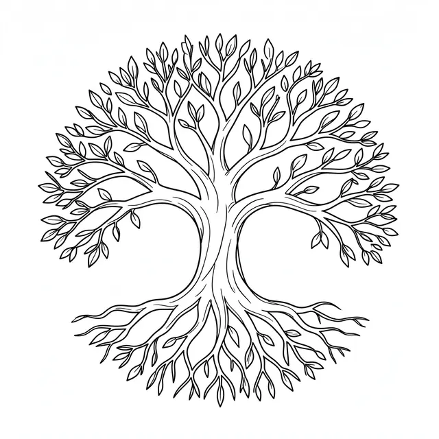 Black line art circular tree of life drawing with branches and roots on a plain white background