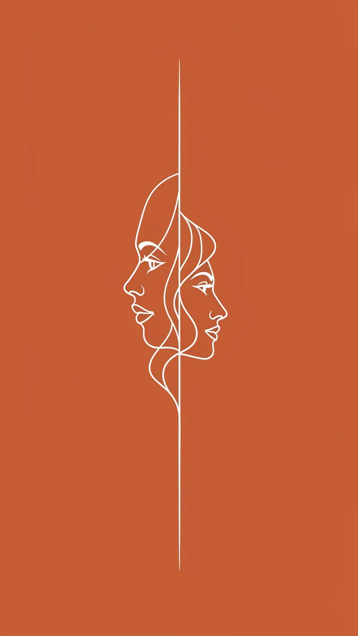 Minimal white continuous line art of two profile faces centered on a solid terracotta background