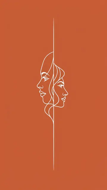 Minimal white continuous line art of two profile faces centered on a solid terracotta background
