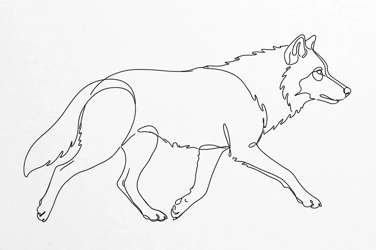 Unbroken one-line side view drawing of a trotting wolf with a low tail on light paper