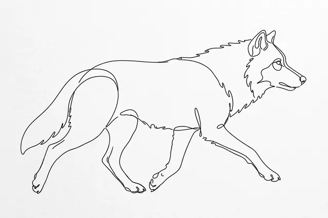Unbroken one-line side view drawing of a trotting wolf with a low tail on light paper