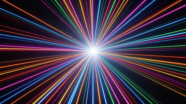 Bright multicolored neon light streams radiate inward toward a glowing central point on a dark background