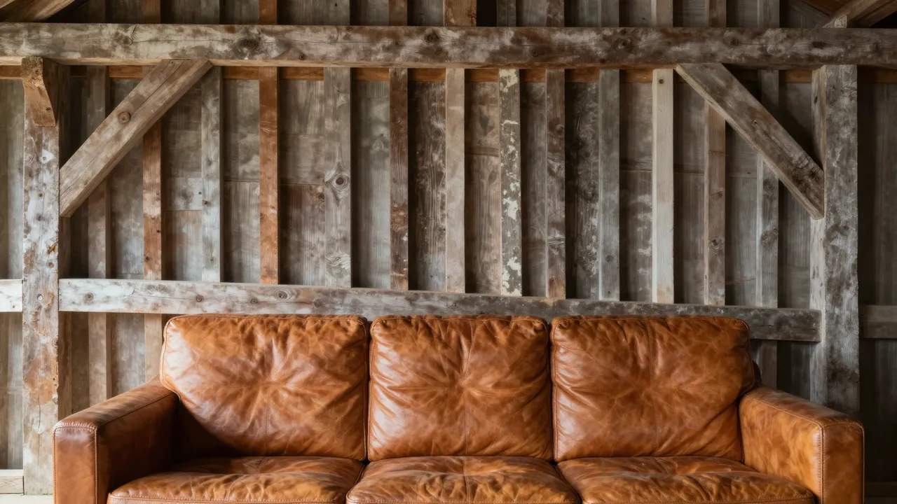 Tan leather three-seater sofa positioned in front of weathered exposed timber barn beams