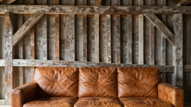 Tan leather three-seater sofa positioned in front of weathered exposed timber barn beams