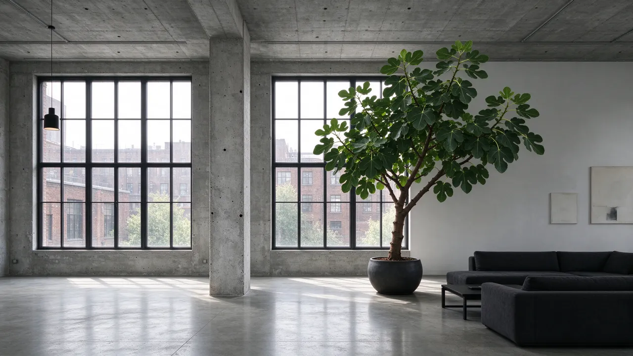 Sunlit industrial loft with concrete columns, tall windows and a potted fig tree next to dark sofas