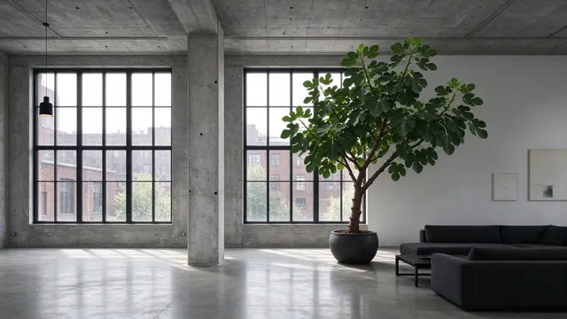 Sunlit industrial loft with concrete columns, tall windows and a potted fig tree next to dark sofas