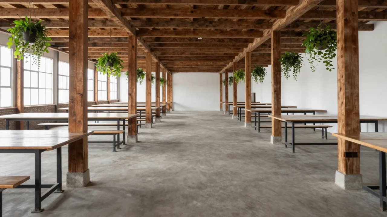 Empty converted warehouse interior lined with timber columns, long tables, and hanging potted plants.