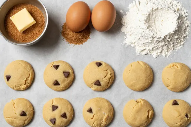 Top down flat lay of raw cookie dough portions and baking ingredients arranged on parchment paper