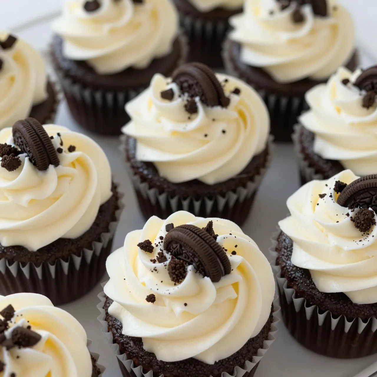 Top-down view of frosted chocolate cupcakes topped with cookie crumbs and mini cookie garnishes arranged on a light tray.