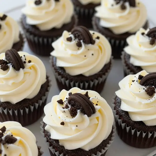 Top-down view of frosted chocolate cupcakes topped with cookie crumbs and mini cookie garnishes arranged on a light tray.