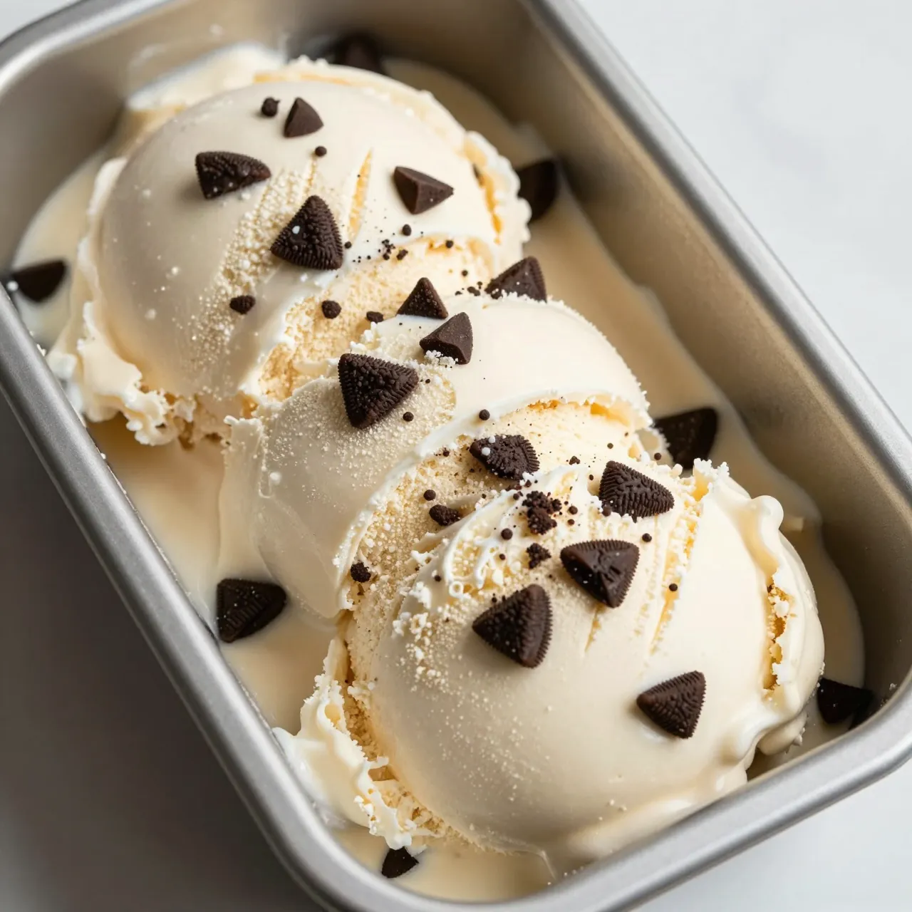 Top view of scooped homemade cookies and cream ice cream in a metal loaf pan with chocolate cookie chunks