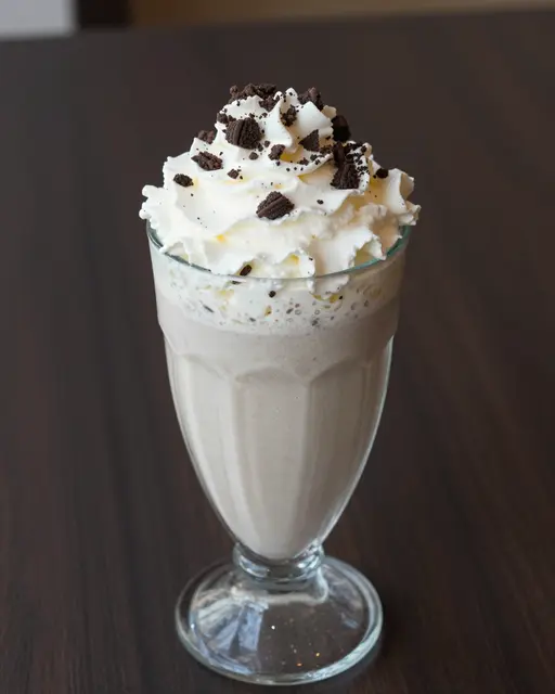 Tall glass of cookies and cream milkshake topped with whipped cream and chocolate cookie crumbs on a dark wood table