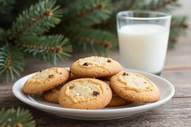 Plate of homemade cookies and a glass of milk sit on wood next to Christmas tree pine branches