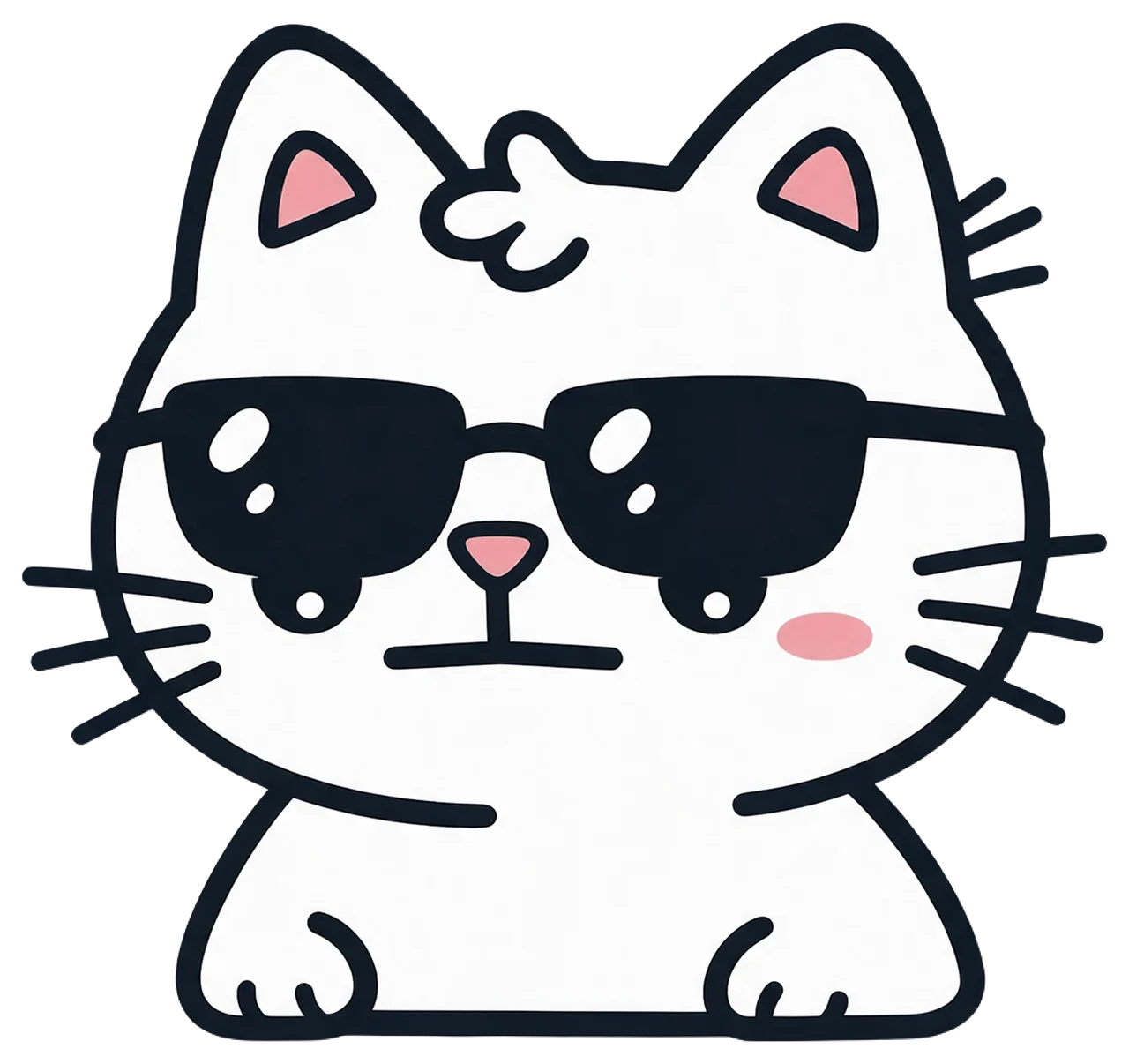 Cute cartoon white cat with black sunglasses and an unimpressed flat mouth facing forward