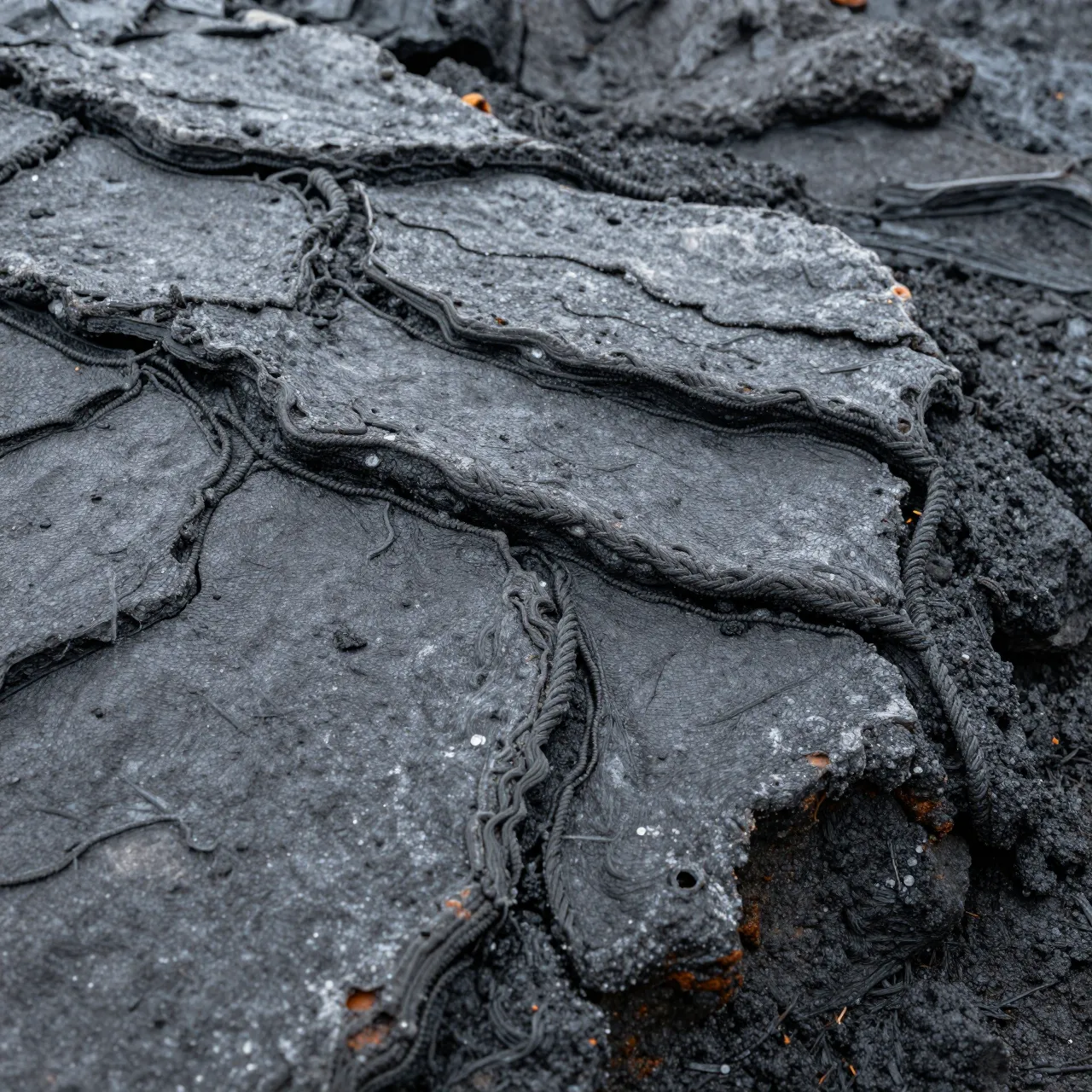 Close-up view of solidified cooled lava with distinct rope-like folded surface textures