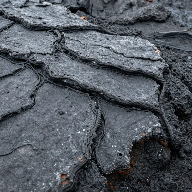Close-up view of solidified cooled lava with distinct rope-like folded surface textures