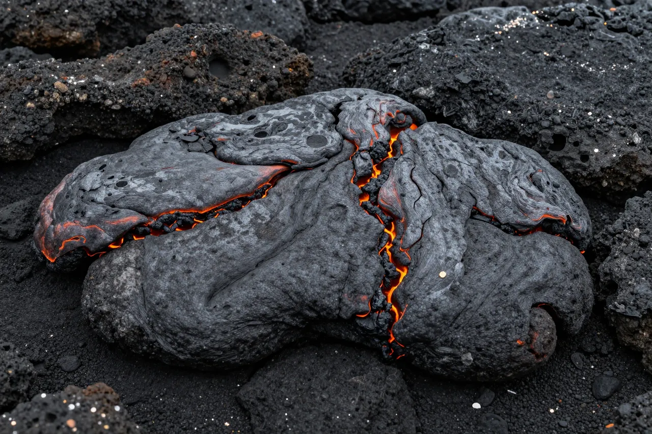 Close-up of black volcanic rock with bright orange glowing molten lava running through its cracks