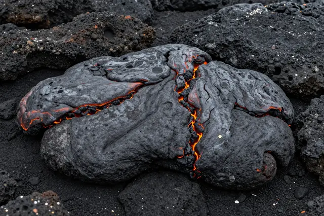 Close-up of black volcanic rock with bright orange glowing molten lava running through its cracks