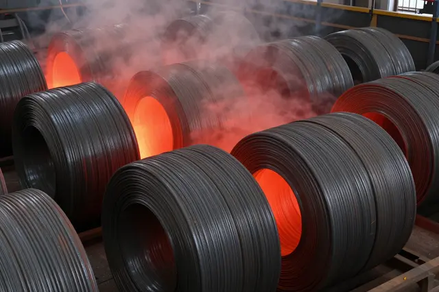 Glowing red hot steel wire coils sit cooling with rising heat haze inside a dark rolling mill
