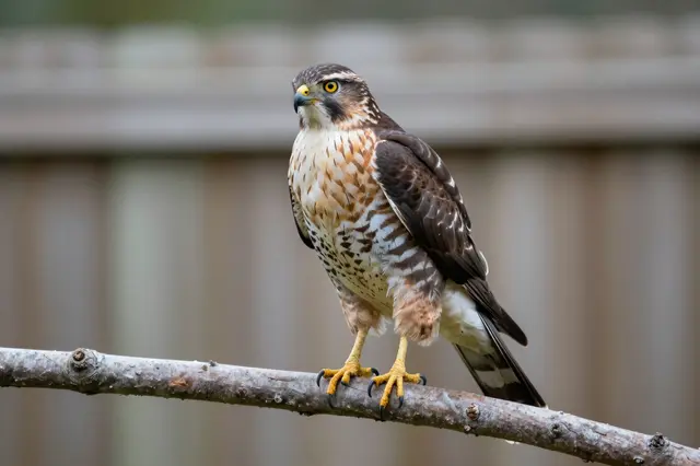 A cooper's hawk perched upright on a thin wooden branch with a blurred wooden fence background