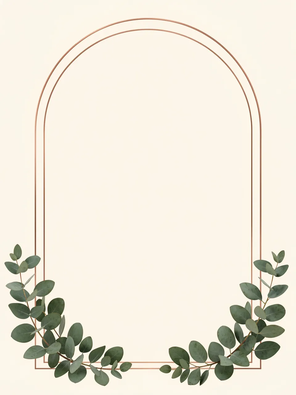 Double thin copper arch outline with eucalyptus sprigs at the base on an empty cream background