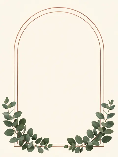 Double thin copper arch outline with eucalyptus sprigs at the base on an empty cream background