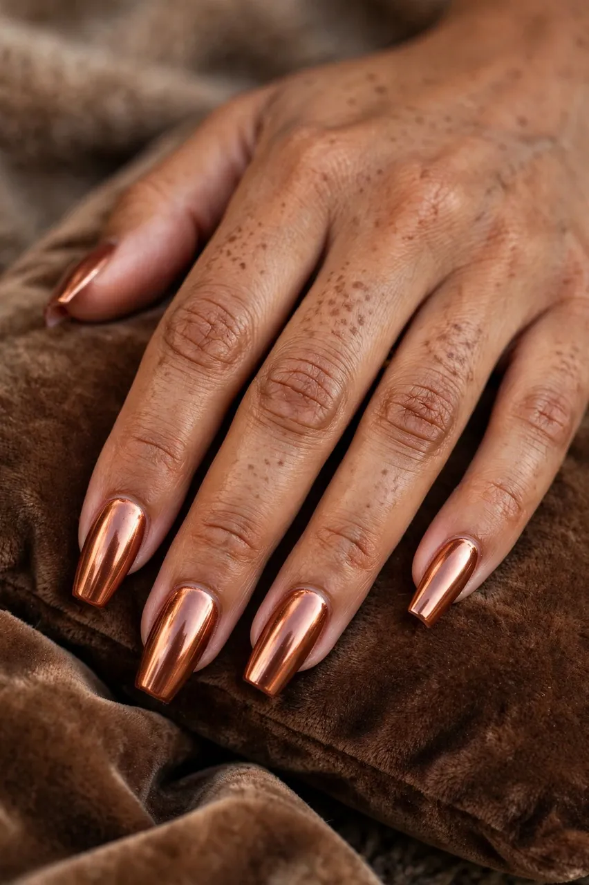 A Latina woman's hand with copper chrome medium-length coffin nails rests on brown velvet fabric