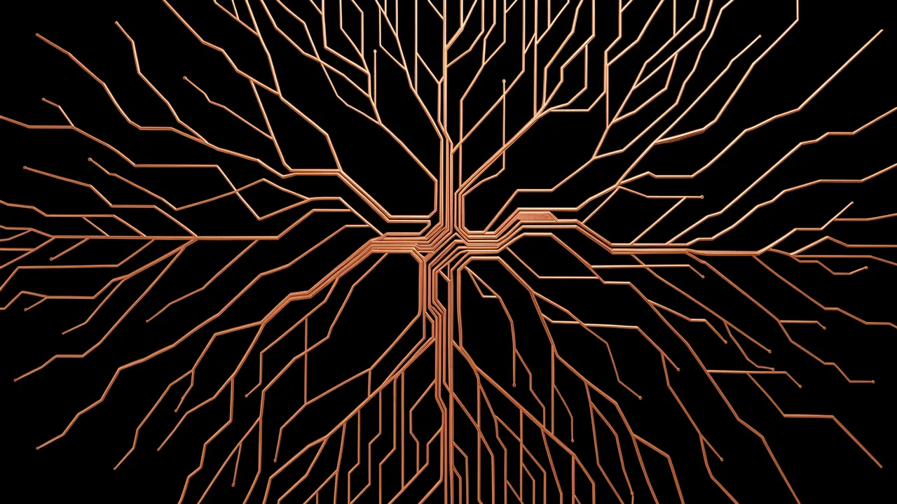 Shiny copper circuit traces branching in a tree root shape against a solid black background