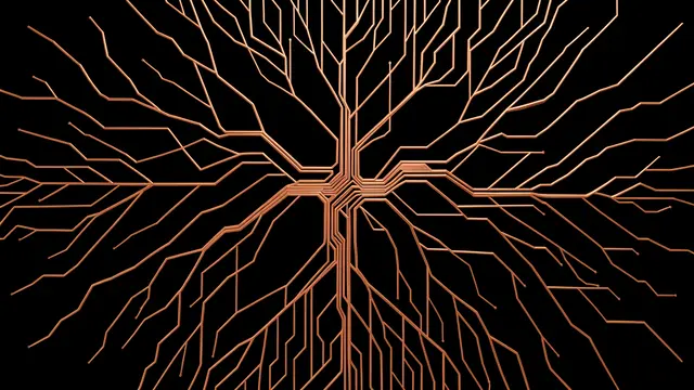 Shiny copper circuit traces branching in a tree root shape against a solid black background