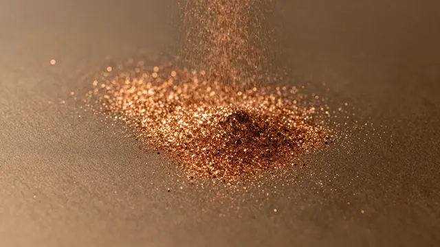 Fine copper glitter dust falls and accumulates on a smooth warm bronze surface