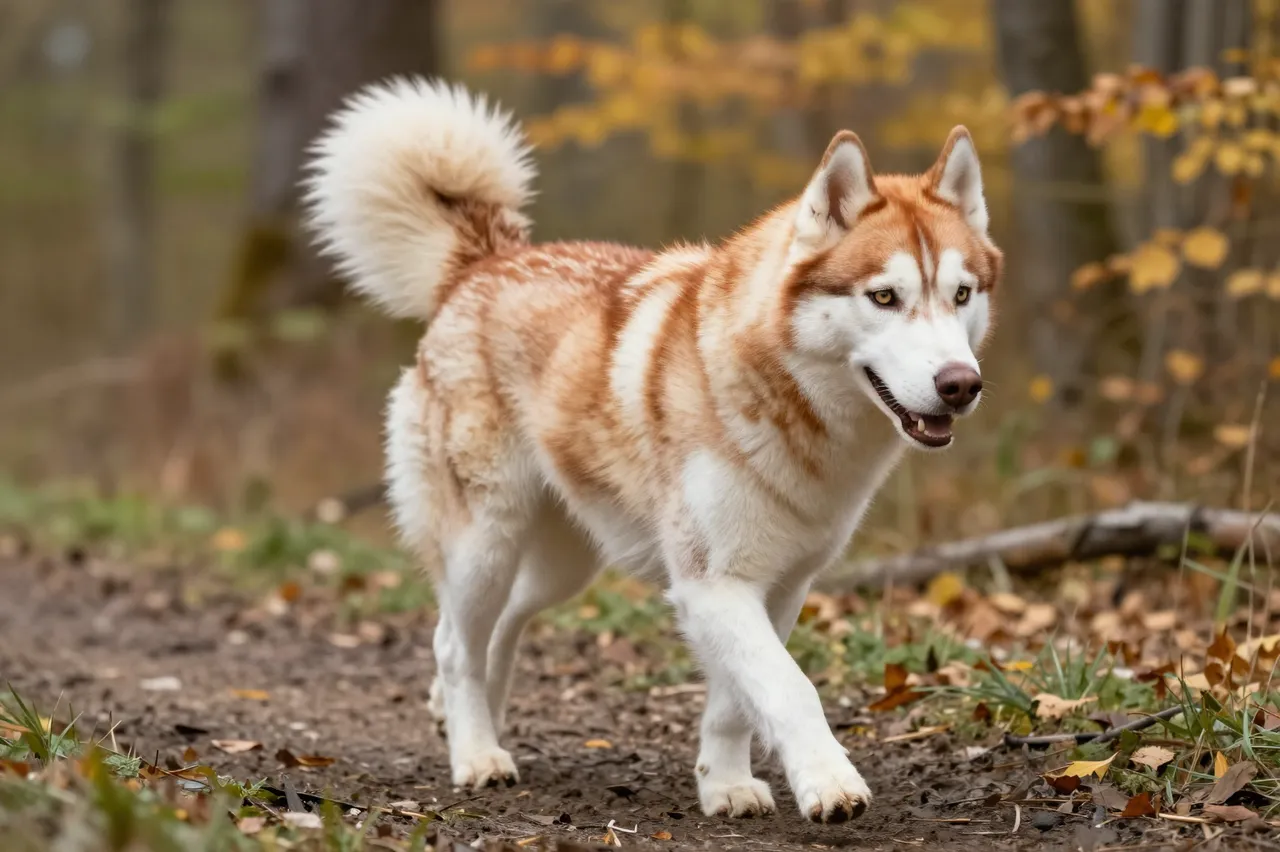 A copper and white Siberian Husky with a curled tail trots along a leaf-strewn autumn forest path.