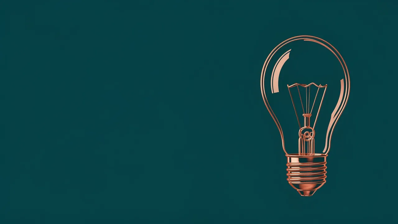 Minimal copper line art lightbulb sits on the right side of a solid dark teal background with empty left copy space