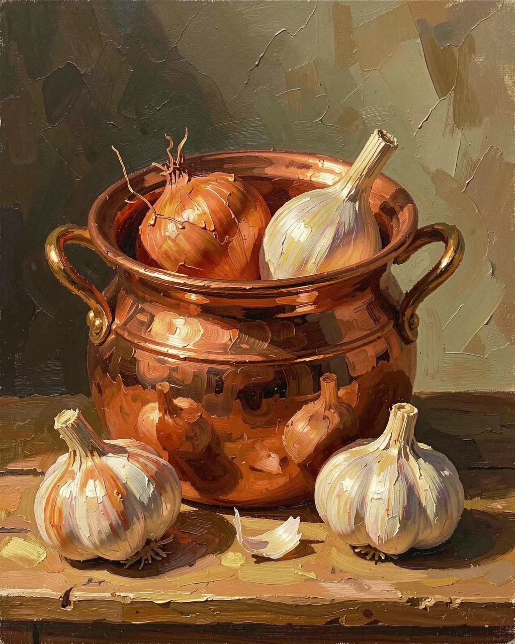 Thick impasto oil painting of a copper pot holding onions and garlic on a wooden table in warm light