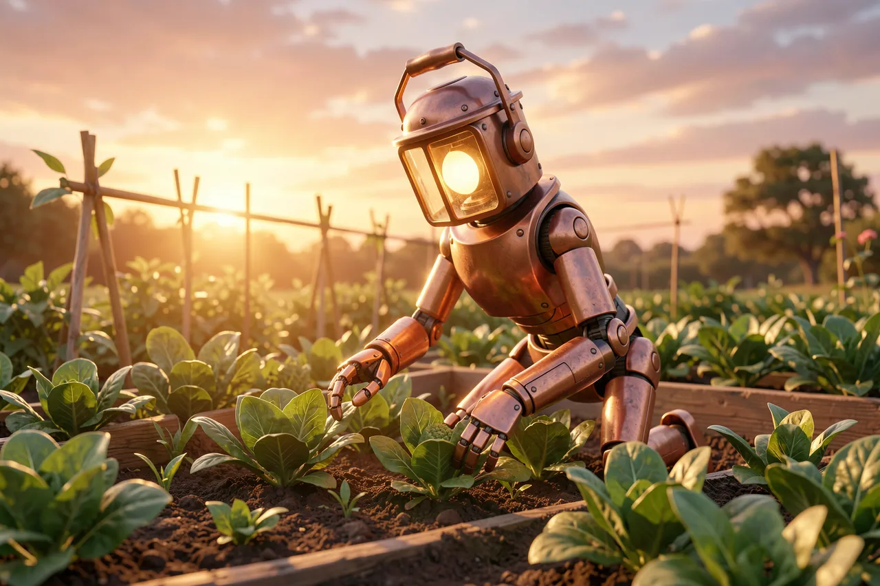 A friendly copper robot with a lantern head kneels to tend raised vegetable garden beds at sunrise
