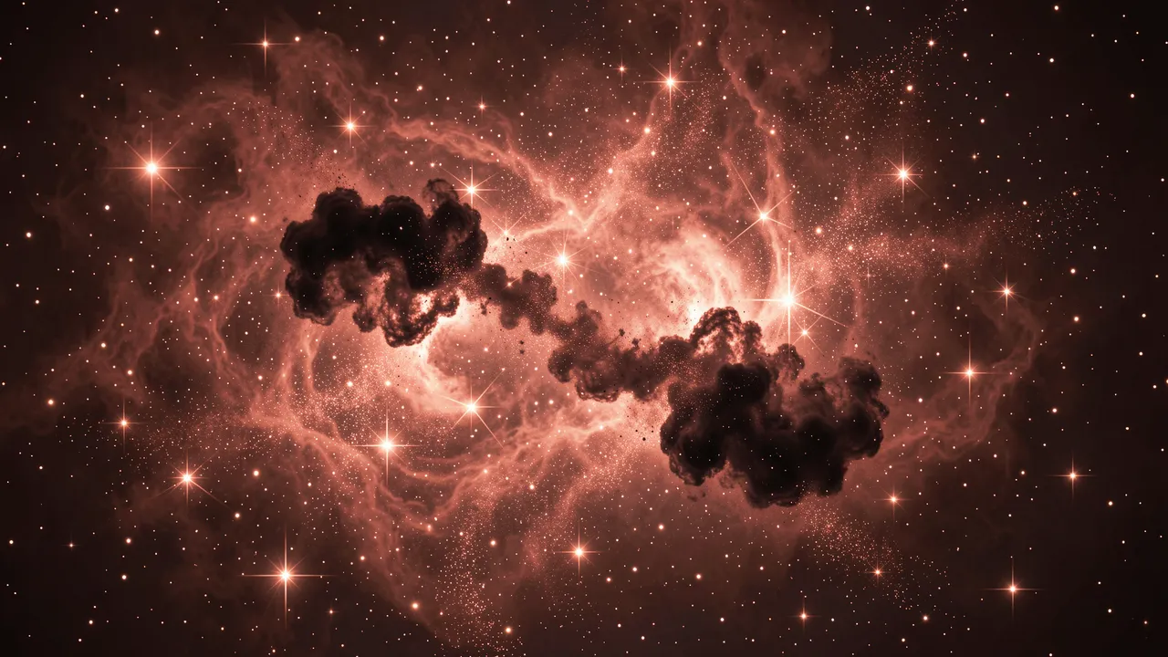Glowing copper and rose nebula with dark dust knots and bright stars set against deep space