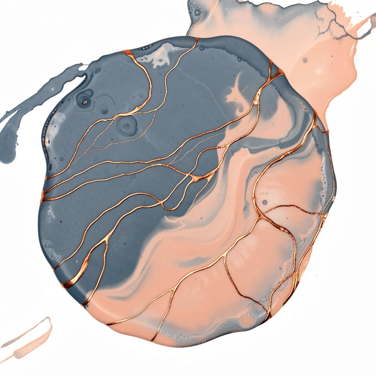 Abstract fluid pour art with winding metallic copper veins across slate blue and peach tones on a white background
