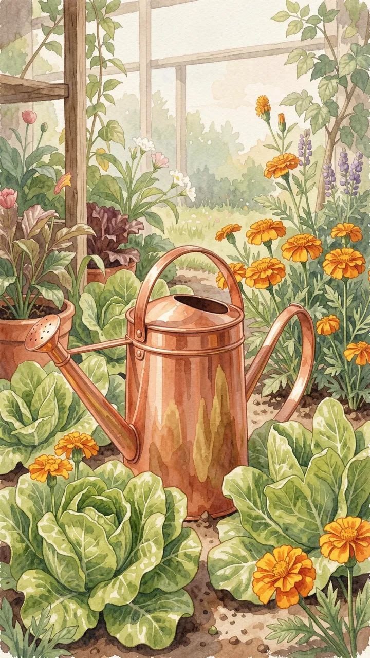 A copper watering can rests among leaf lettuces and marigolds in a sunlit kitchen garden illustration.
