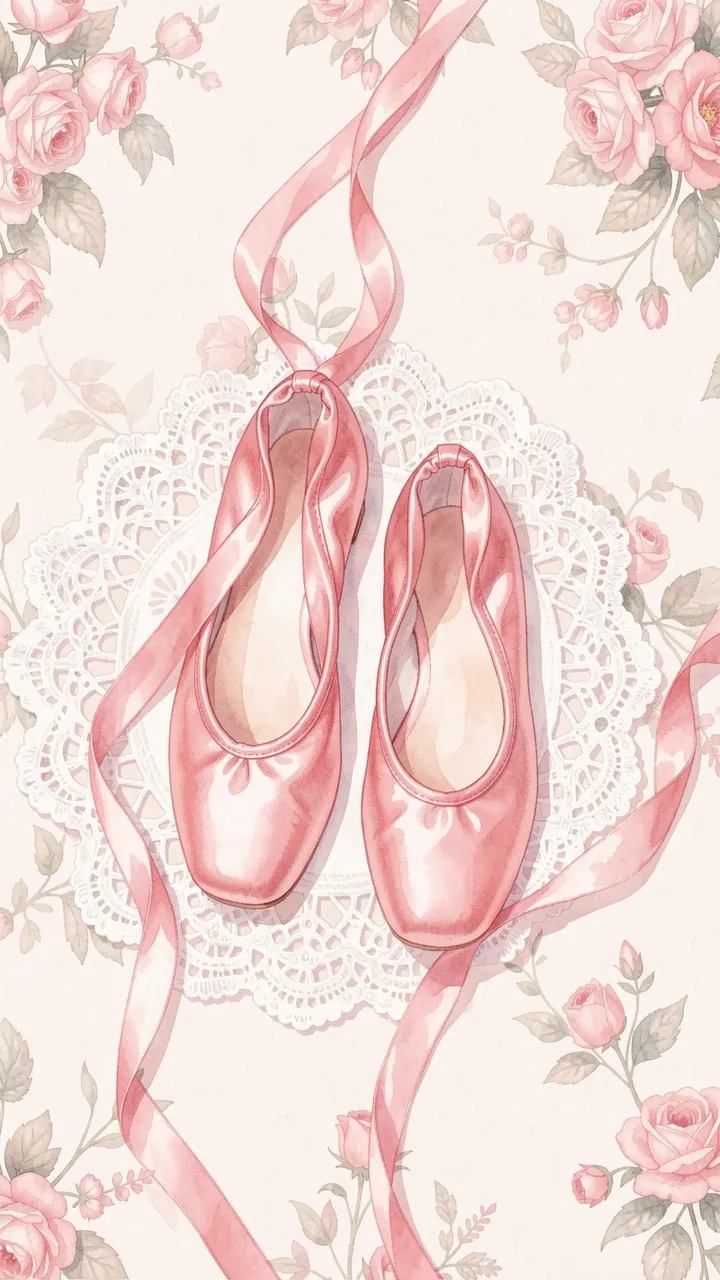 Pink satin ballet slippers with long ribbons rest on a lace doily framed by soft pink roses in watercolor style.