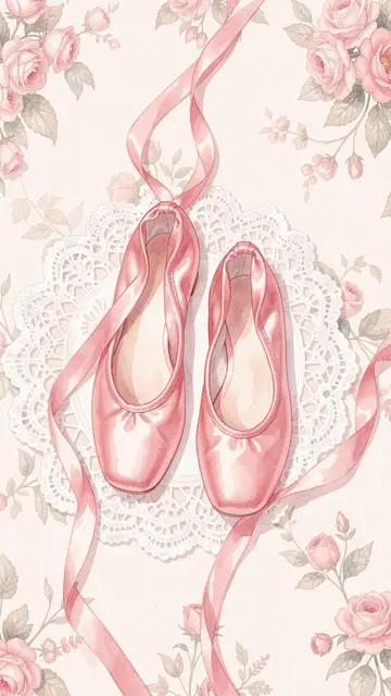 Pink satin ballet slippers with long ribbons rest on a lace doily framed by soft pink roses in watercolor style.
