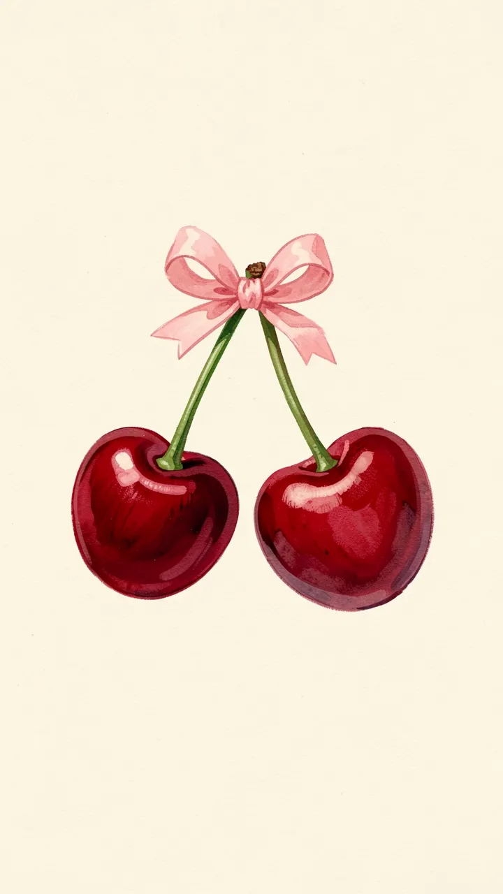 A gouache illustration of two deep red cherries tied with a tiny pink bow on a cream background